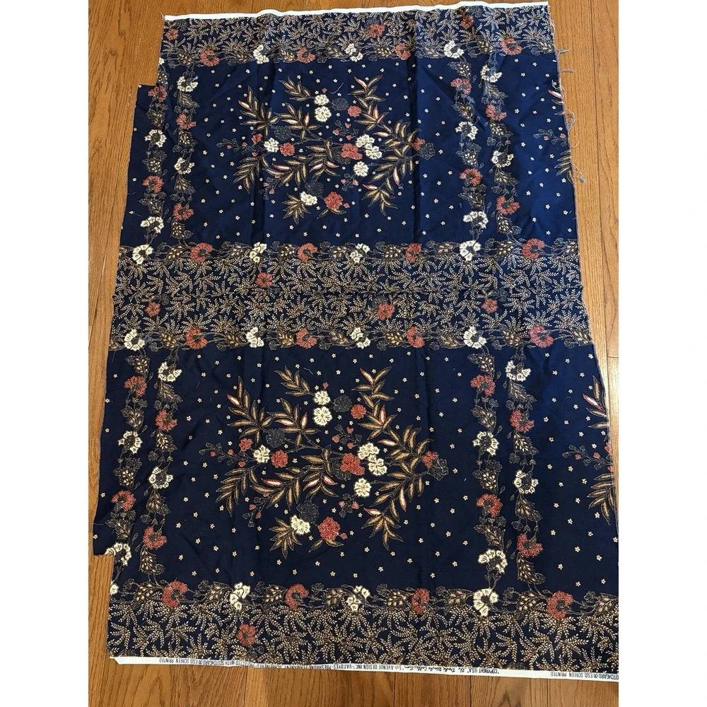 Vintage 70s Cotton Fabric Navy Floral‎ Border Print Kroda Wimpa 5th Ave 35x53